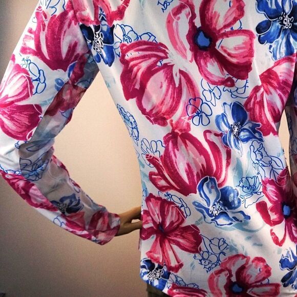 SanSoleil SolCool Print Polo Sunshirt Garden Party Long Sleeve Zip Front Sz M - Picture 8 of 11